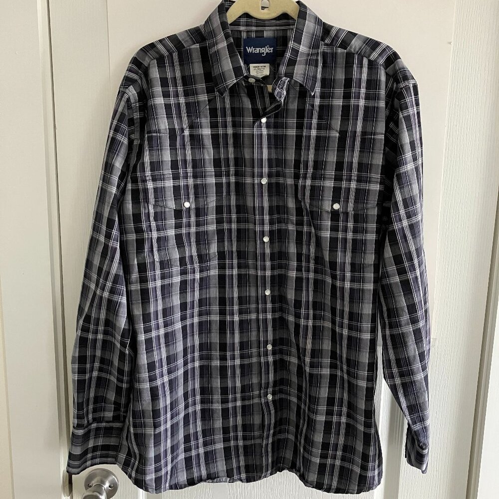 Wrangler Western Shirt Mens XLarge Black White Plaid Pearl Snap Cowboy Rodeo.